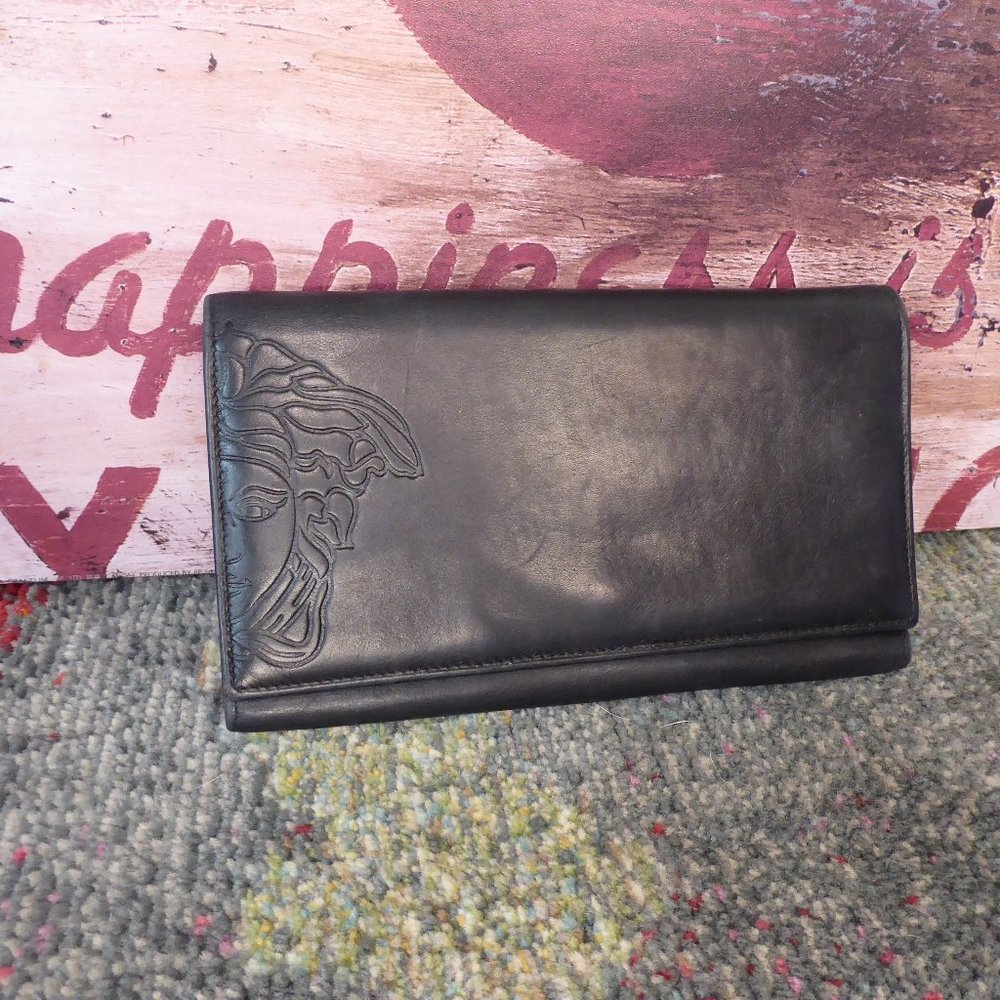 Versace Lambskin Leather Wallet Trifold Black 90's Medusa Head Billfold